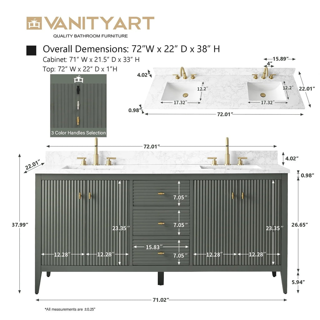 Vanity Art badkamermeubel van 72 met dubbele wastafel en een blad van kunstmarmer