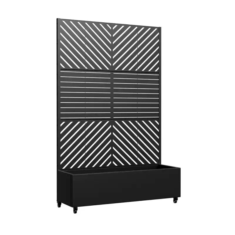 Jardinière MAYEERTY avec treillis en fer noir à lignes parallèles 01, style classique à persiennes, ensemble combiné de 3 pièces, 72x47x16in