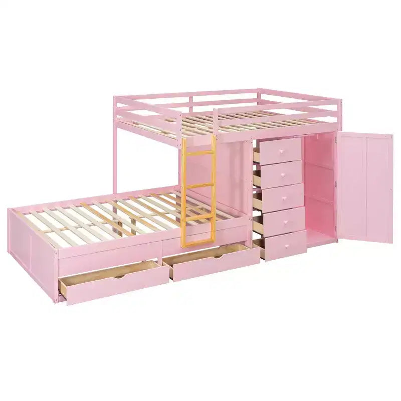 Stapelbed met twee tweepersoonsbedden, opbergkast en laden, houten stapelbed in tweepersoonsformaat met ruimtebesparend ontwerp en veiligheidsreling voor appartement en slaapkamer