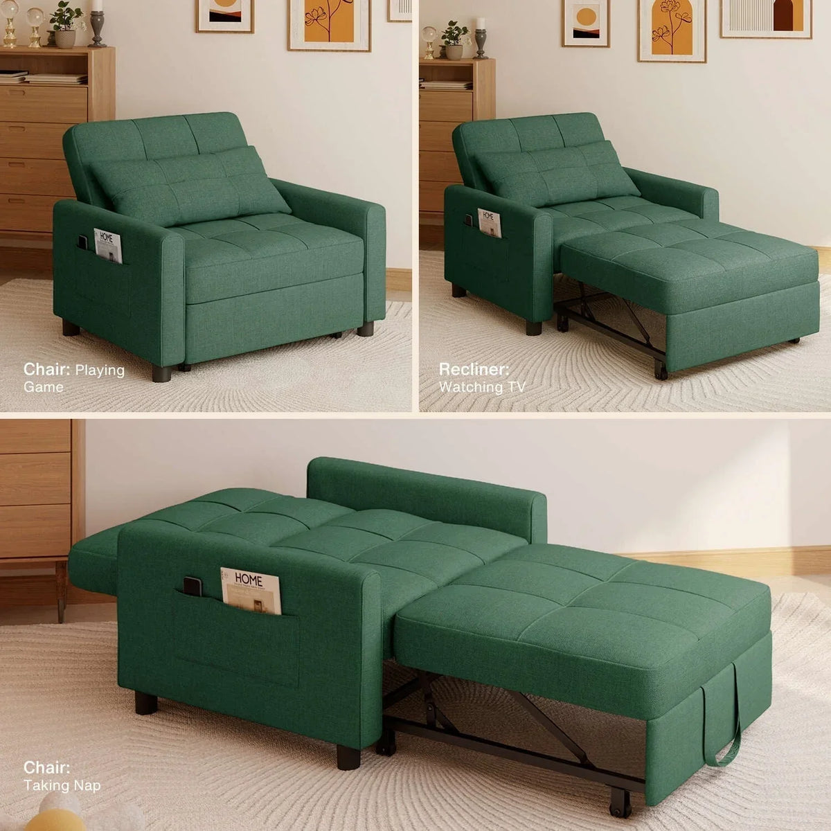 Verstelbare slaapbank 3-in-1, uitschuifbare fauteuilbank, ombouwbaar opklapbed voor de woonkamer