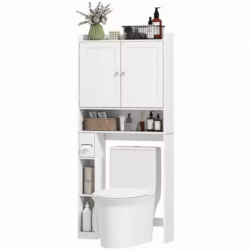HOMCOM Toilettenregal mit Schrank, moderner Badezimmer-Organizer über der Toilette mit 2 Türen, Toilettenpapierhalter, freistehend und platzsparend