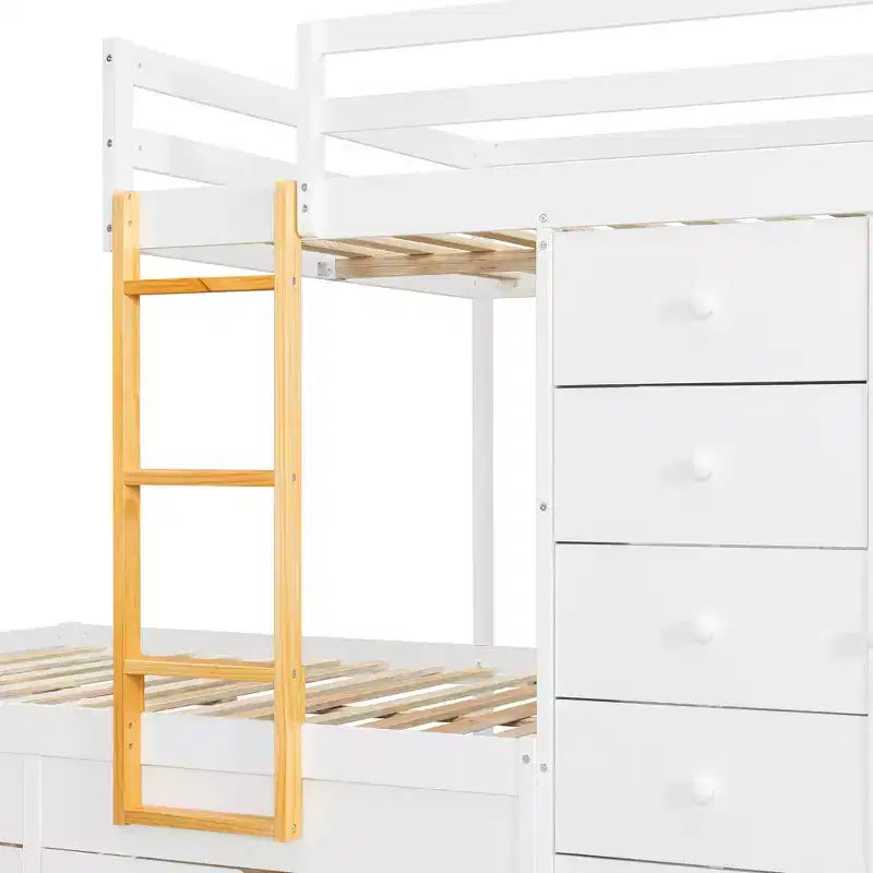 Stapelbed met twee tweepersoonsbedden, opbergkast en laden, houten stapelbed in tweepersoonsformaat met ruimtebesparend ontwerp en veiligheidsreling voor appartement en slaapkamer