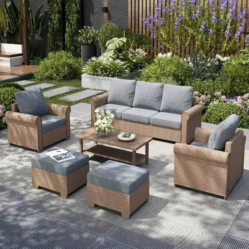 Captiva Designs 6-teiliges luxuriöses Gartensofa-Set aus Korbgeflecht mit geschwungenen Armlehnen und Kissen