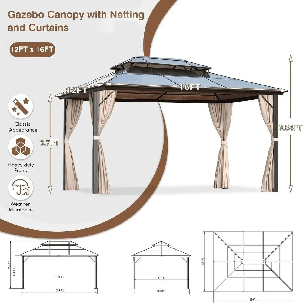 EROMMY Pavillon mit festem Dach, Pergola für den Außenbereich mit Doppeldach, Moskitonetz und Vorhängen, strapazierfähiges Sonnendach für Terrasse, Garten und Poolpartys