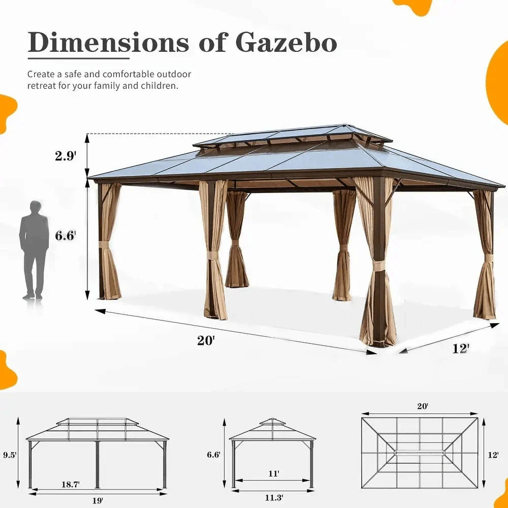 EROMMY Pavillon mit festem Dach, Pergola für den Außenbereich mit Doppeldach, Moskitonetz und Vorhängen, strapazierfähiges Sonnendach für Terrasse, Garten und Poolpartys