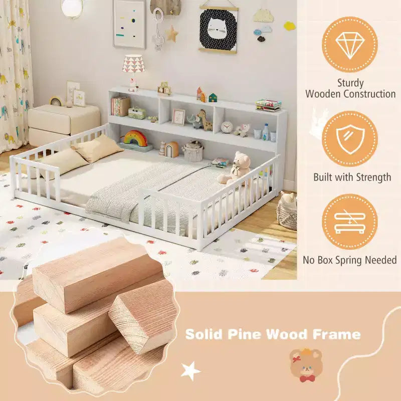 Łóżko podłogowe Montessori Twin/Full z półkami na książki i barierkami zabezpieczającymi, białe/szare
