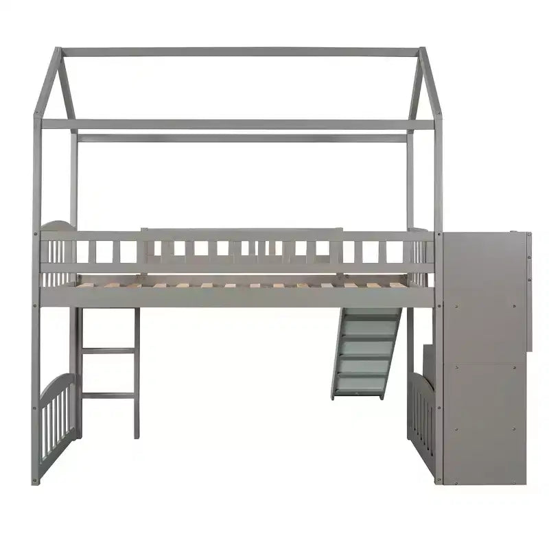Hochbett in Hausform für Einzelbetten mit Rutsche und Treppe, Hochbett mit Schubladen, Holzhütten-Hochbett für Kinder und Kleinkinder