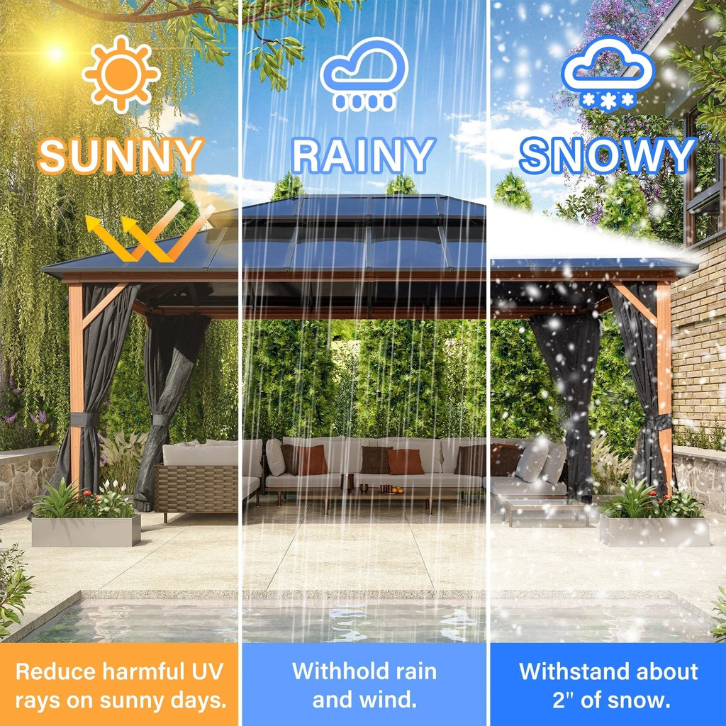 EROMMY Pavillon mit festem Dach, Pergola für den Außenbereich mit Doppeldach, Moskitonetz und Vorhängen, strapazierfähiges Sonnendach für Terrasse, Garten und Poolpartys
