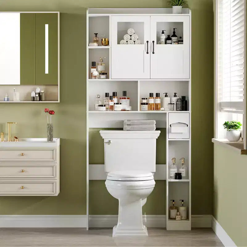 Meuble de rangement au-dessus des toilettes - 67.4 H, rangement de salle de bains de style champêtre avec étagère réglable et porte vitrée, pour salle de bains et buanderie