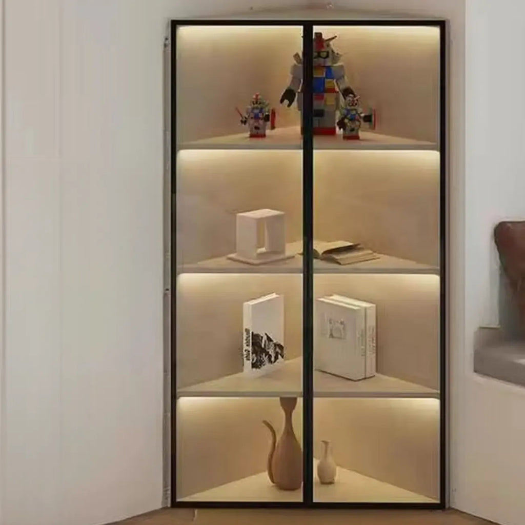 Moderne grijze metalen houten hoekvitrinekast met glazen deur