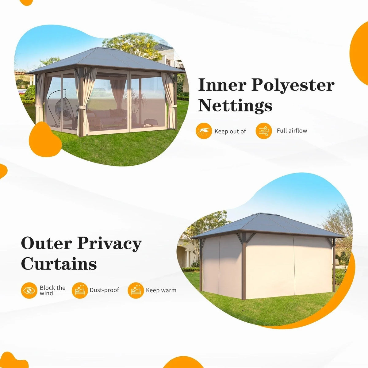 EROMMY Pavillon mit festem Dach, Pergola für den Außenbereich mit Doppeldach, Moskitonetz und Vorhängen, strapazierfähiges Sonnendach für Terrasse, Garten und Poolpartys