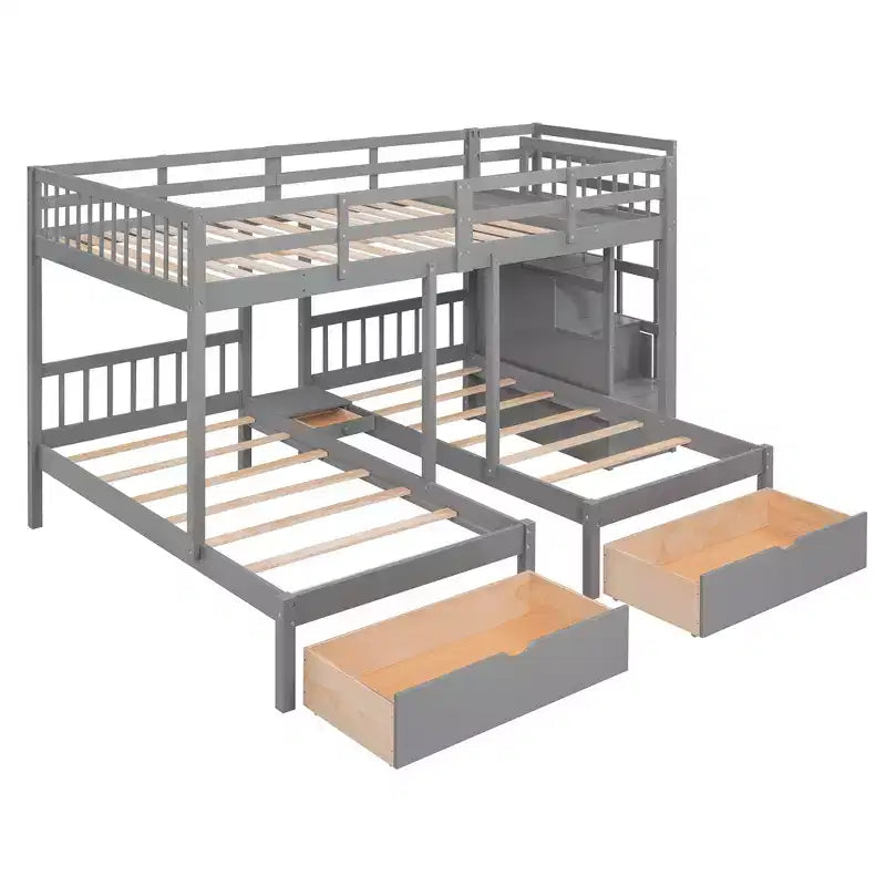 Whisen stapelbed met een twijfelaar boven een eenpersoonsbed en een extra eenpersoonsbed, houten driedubbel stapelbed met laden en valbeveiliging