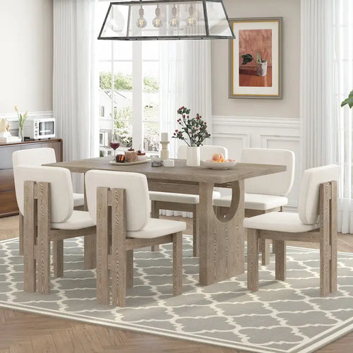 7-teiliges Esszimmer-Set, Küchenmöbel-Set aus Massivholz mit rechteckigem Tisch, gestaltetem Säulenfuß und 6 gepolsterten Stühlen