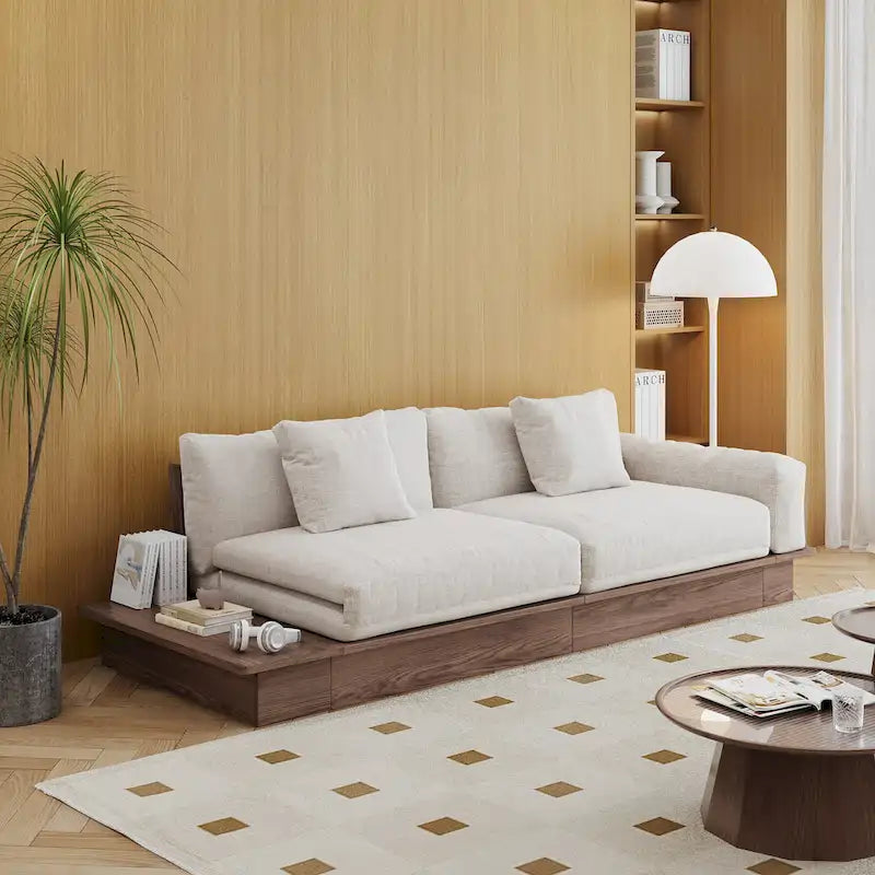 Nowoczesna sofa JASIWAY z litego drewna, tapicerowana bawełnianą tkaniną lnianą