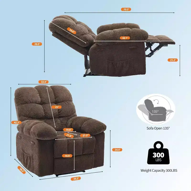 Manueller Relaxsessel aus ergonomischem, atmungsaktivem Stoff mit Seitentaschen, Einzelsessel, geeignet für Wohnzimmer und Schlafzimmer