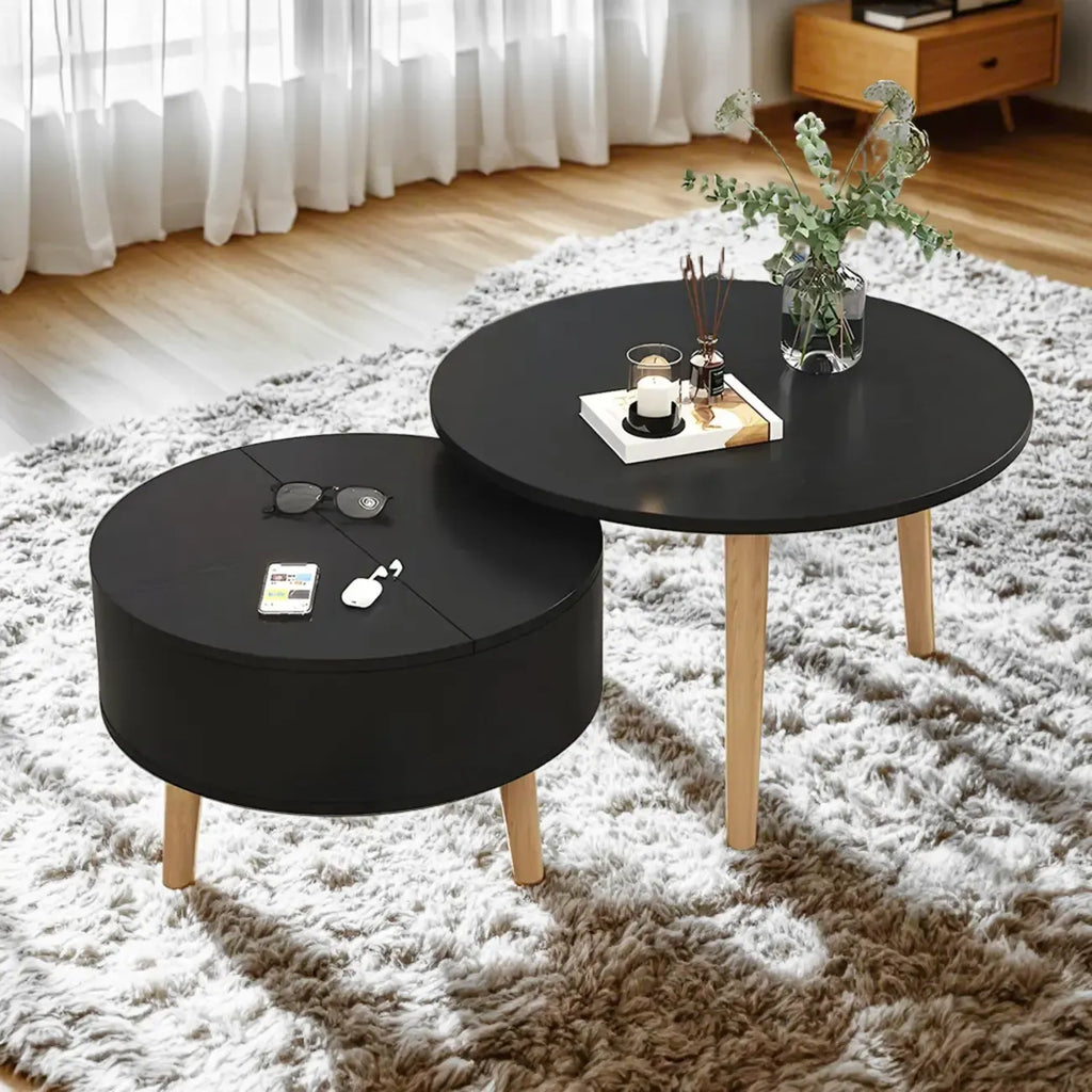 Moderner runder Couchtisch aus Holz in Schwarz und Weiß mit Stauraum