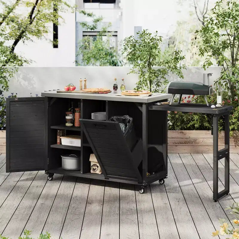78.3-Zoll-Außenkücheninsel mit Arbeitsplatte aus Edelstahl, klappbarer Grillstation und Aufbewahrungsschränken, Schwarz