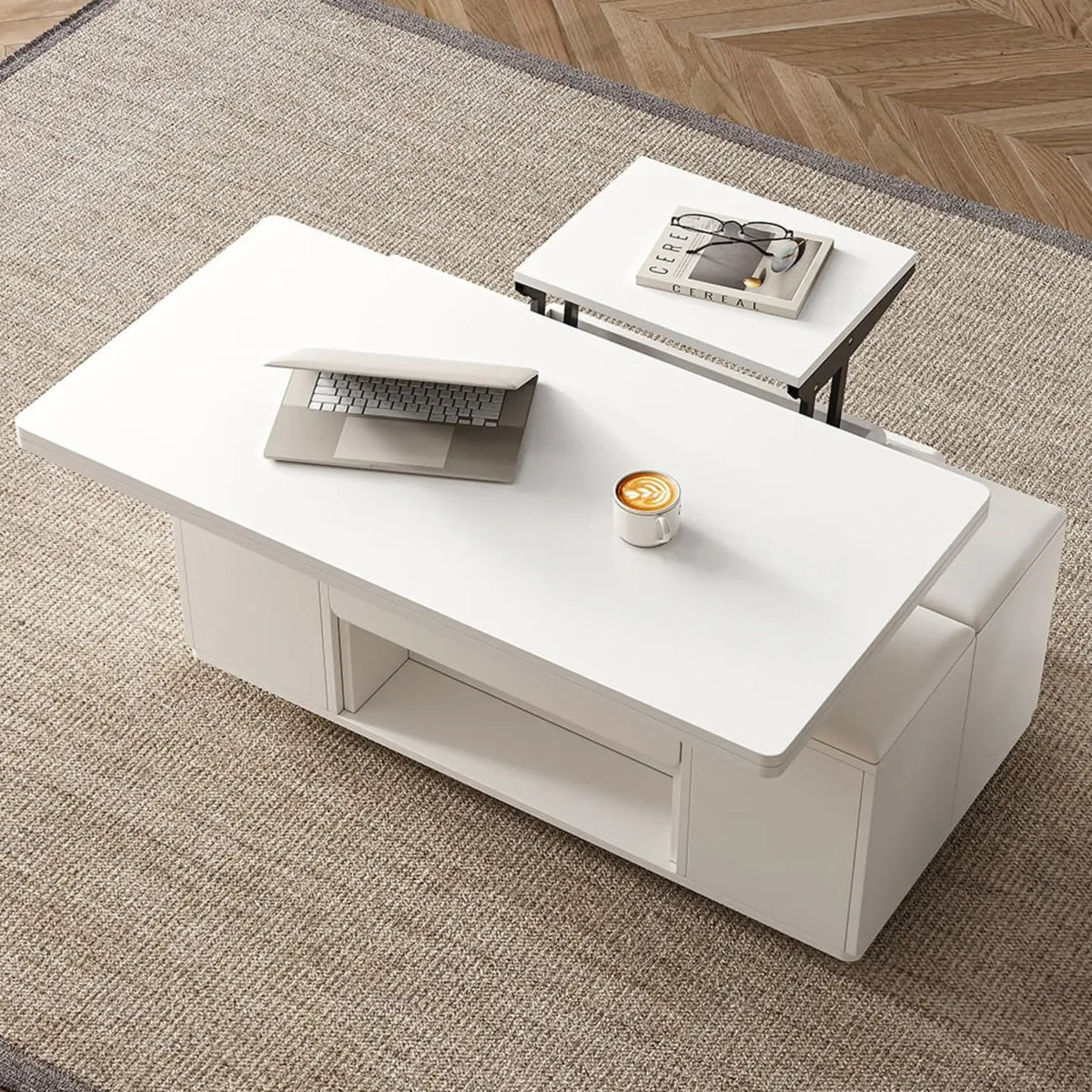 Klappbarer Couchtisch mit Hubplatte, 4 Hockern und Stauraum