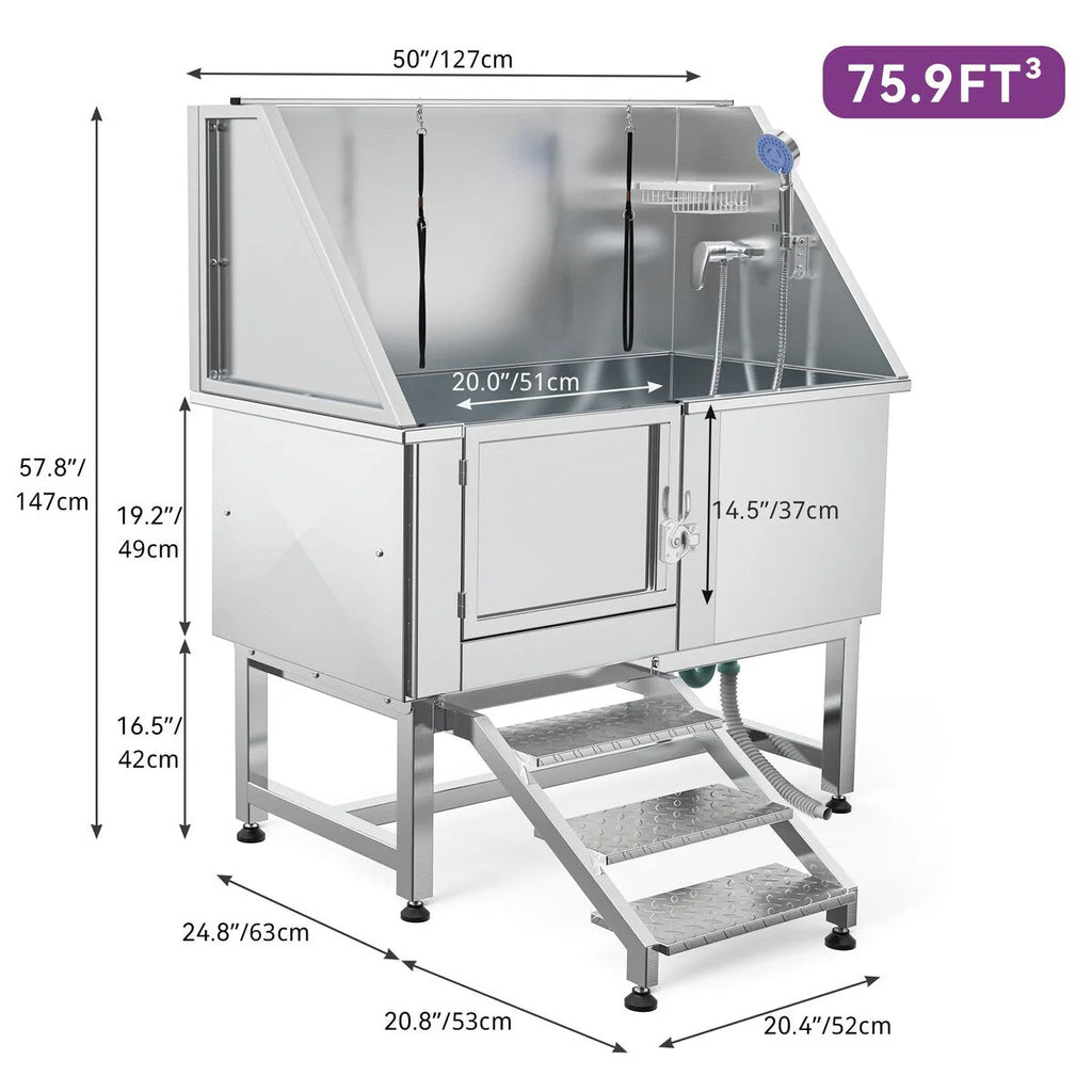 Baignoire de toilettage réglable en acier inoxydable de 50' W avec marches et rampe pour animaux
