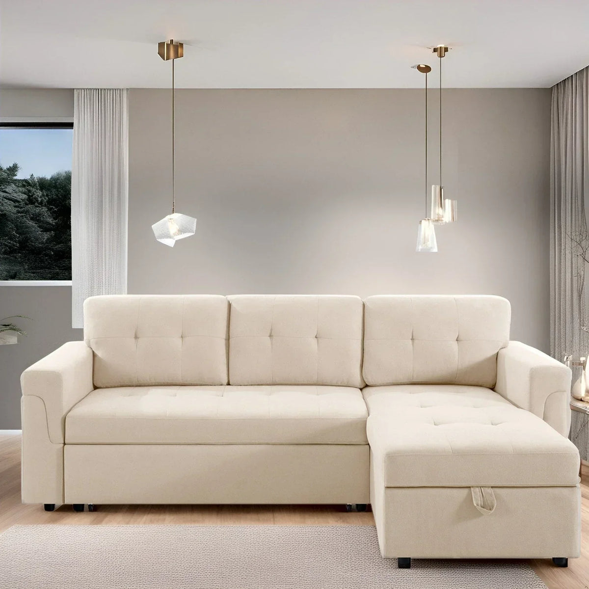 Umbaubares, beidseitig montierbares Ecksofa mit ausziehbarem Schlafbett, verstecktem Stauraum in der Recamiere und robusten Beinen