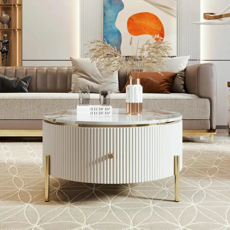 Moderne ronde salontafel van 31.5 met grote opberglade