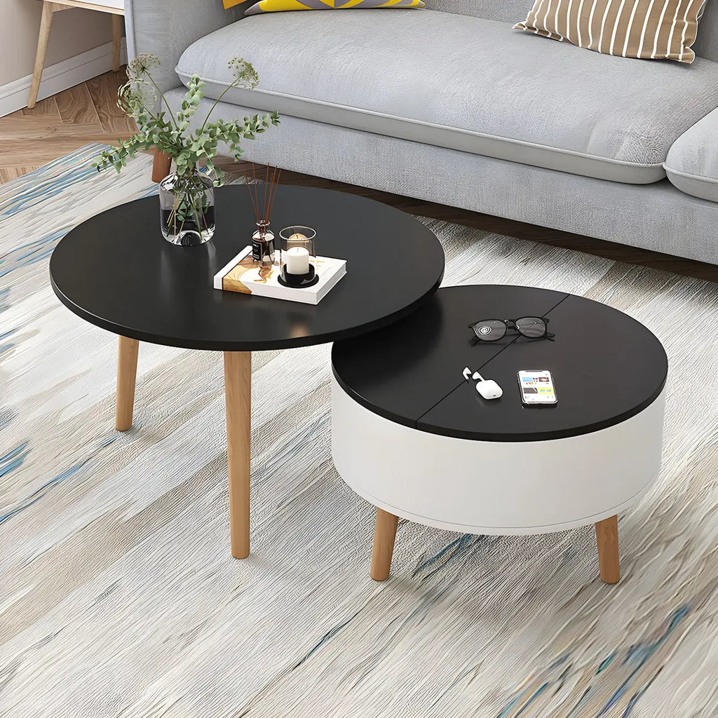 Moderner runder Couchtisch aus Holz in Schwarz und Weiß mit Stauraum