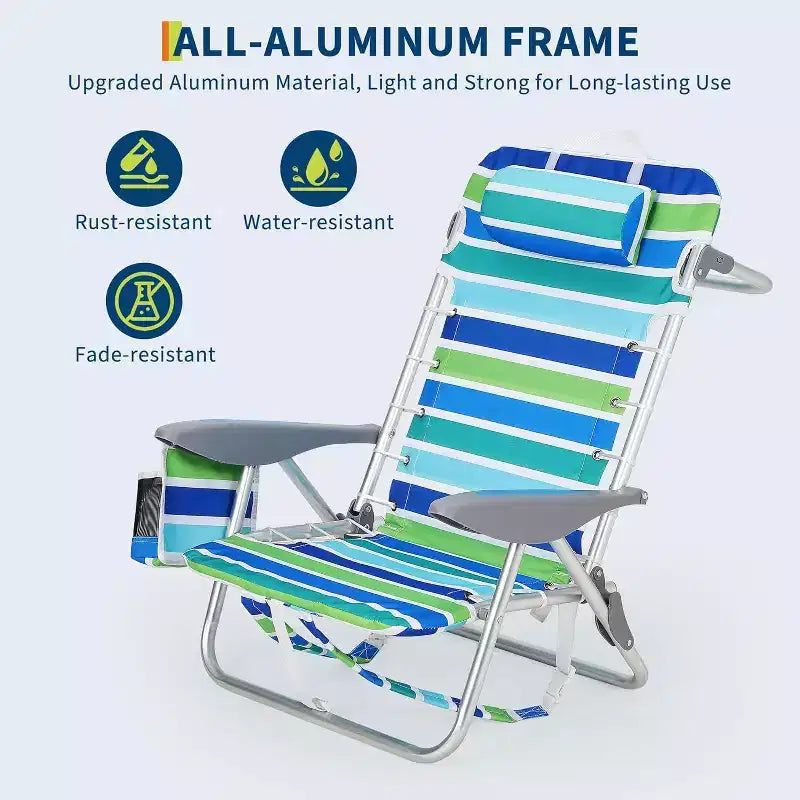 Acekool set van 2 lichtgewicht strandstoelen als rugzak, verstelbaar in 5 standen en plat te leggen, voor volwassenen, met banden, bekerhouder en handdoekstang, draagvermogen 300 lbs