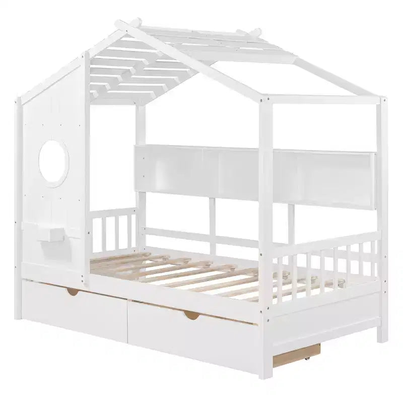 Holzhausbett in Twin-/Full-Size mit 2 Schubladen, Kinderbett mit Ablagefach - ModernLuxe