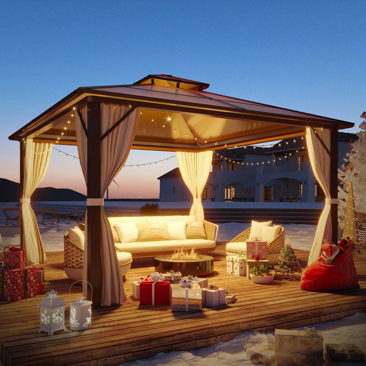 EROMMY Pavillon mit festem Dach, Pergola für den Außenbereich mit Doppeldach, Moskitonetz und Vorhängen, strapazierfähiges Sonnendach für Terrasse, Garten und Poolpartys