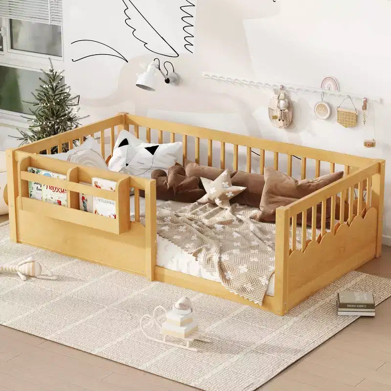 Lit au sol pour enfant Bellemave avec barrières surélevées et bibliothèque, cadre de lit Montessori en bois pour lit simple, pour filles et garçons