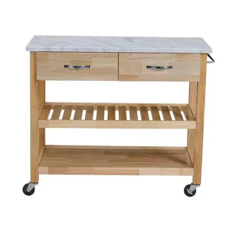 Desserte de cuisine à roulettes avec plateau en marbre, îlot de cuisine en bois massif à 2 tiroirs, chariot de cuisine à 3 niveaux avec roulettes amovibles verrouillables et porte-serviette