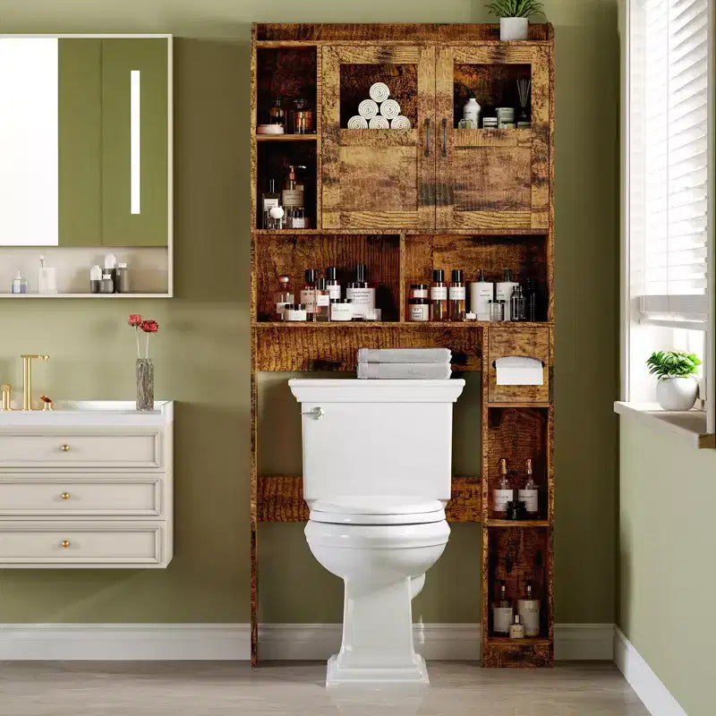 Meuble de rangement au-dessus des toilettes - 67.4 H, rangement de salle de bains de style champêtre avec étagère réglable et porte vitrée, pour salle de bains et buanderie