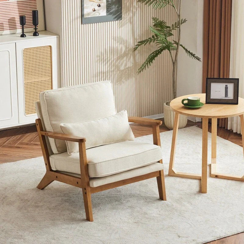 Gepolsterter Akzentstuhl aus Leinenmischgewebe mit Holzbeinen und einem Kissen, Beige