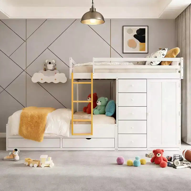 Modernes Etagenbett, Full über Full, mit integriertem Kleiderschrank und 7 Schubladen