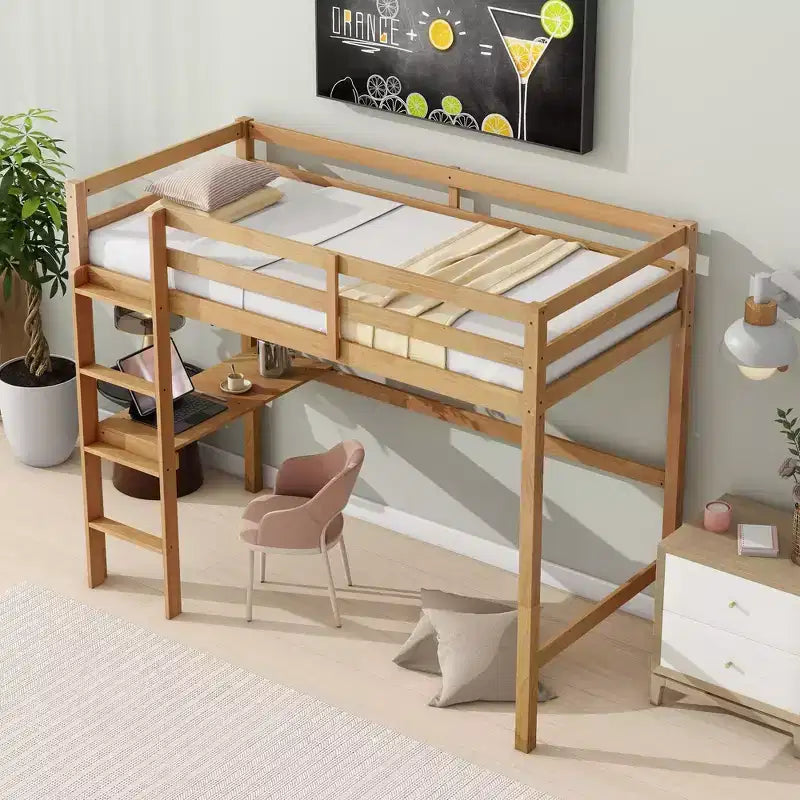 Okak minimalistisches Hochbett mit Leiter, Hochbett für Einzelbettmatratze aus Gummibaumholz mit Sicherheitsgeländer und eingebautem Schreibtisch, Bettgestell für Kinder und Jugendliche